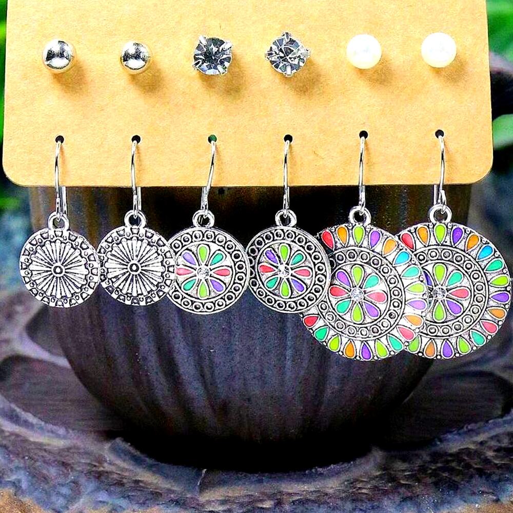 New 6 Pairs Silver Colorful Mandala Boho Aztec Dangle Round Tribal Earrings